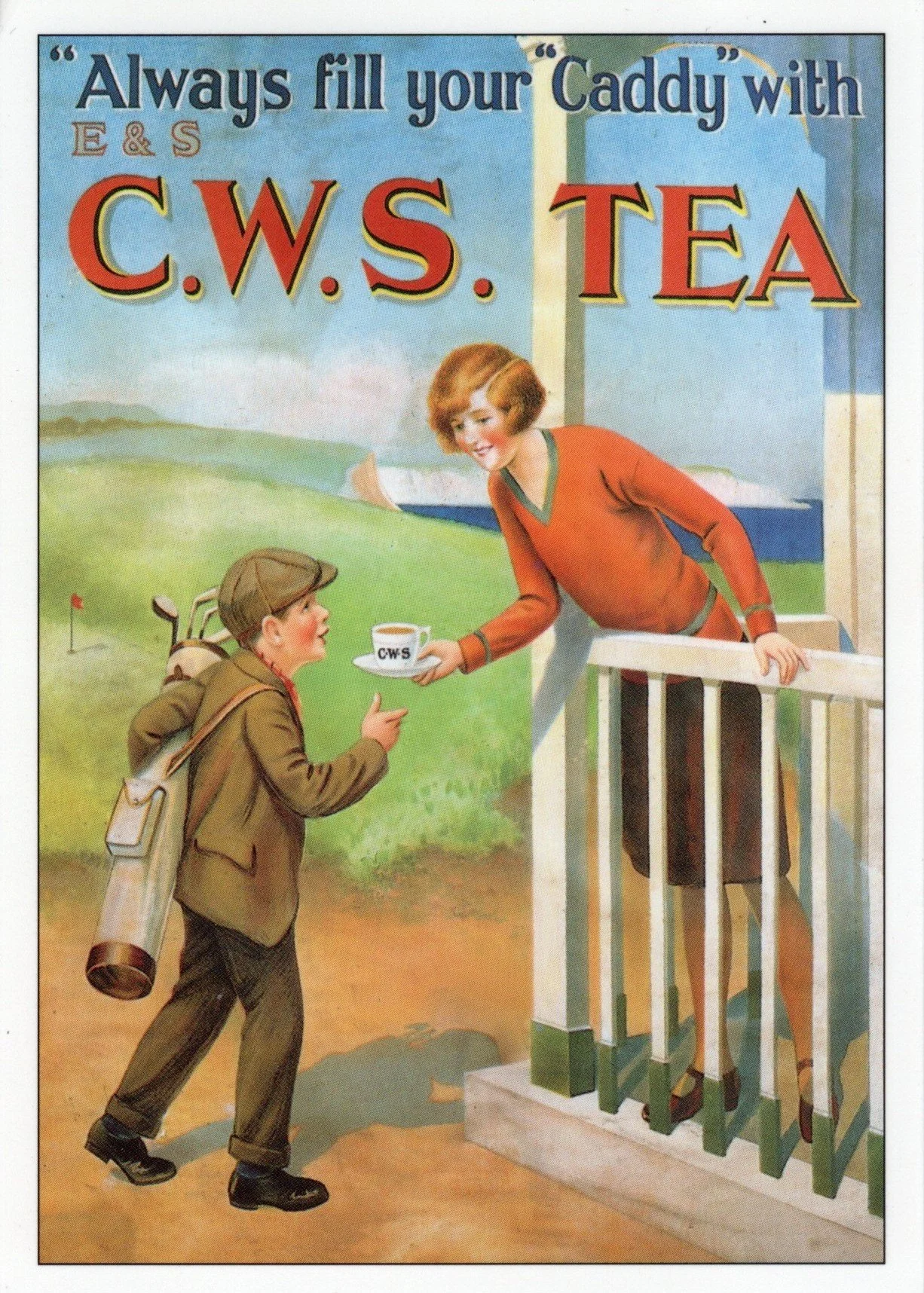 Vintage advertisement poster showing a woman on a porch handing a cup of CWS Tea to a young boy with a golf club and backpack, with the text 'Always fill your caddy with CWS Tea'.