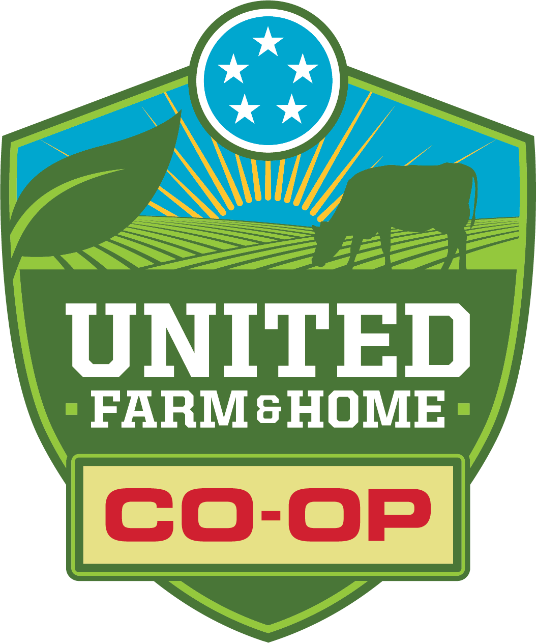 United Farm & Home Co-Op logo featuring a cow grazing on farmland with a sunrise, a green background, and a circular emblem with stars at the top.