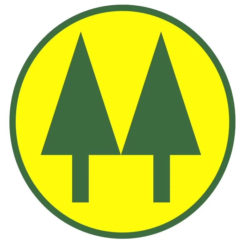 A circular logo with a yellow background and dark green border, containing two dark green pine trees side by side.