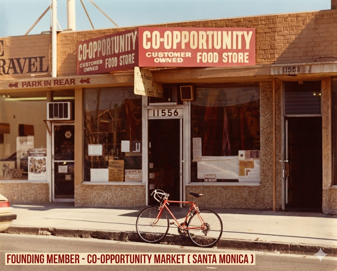 A storefront with a red and beige sign reading 'CO-OPPORTUNITY Customer Owned Food Store' located at 11556 in Santa Monica. There is a bicycle parked in front, and a sign on the left indicates parking in the rear. The store appears to be closed or no