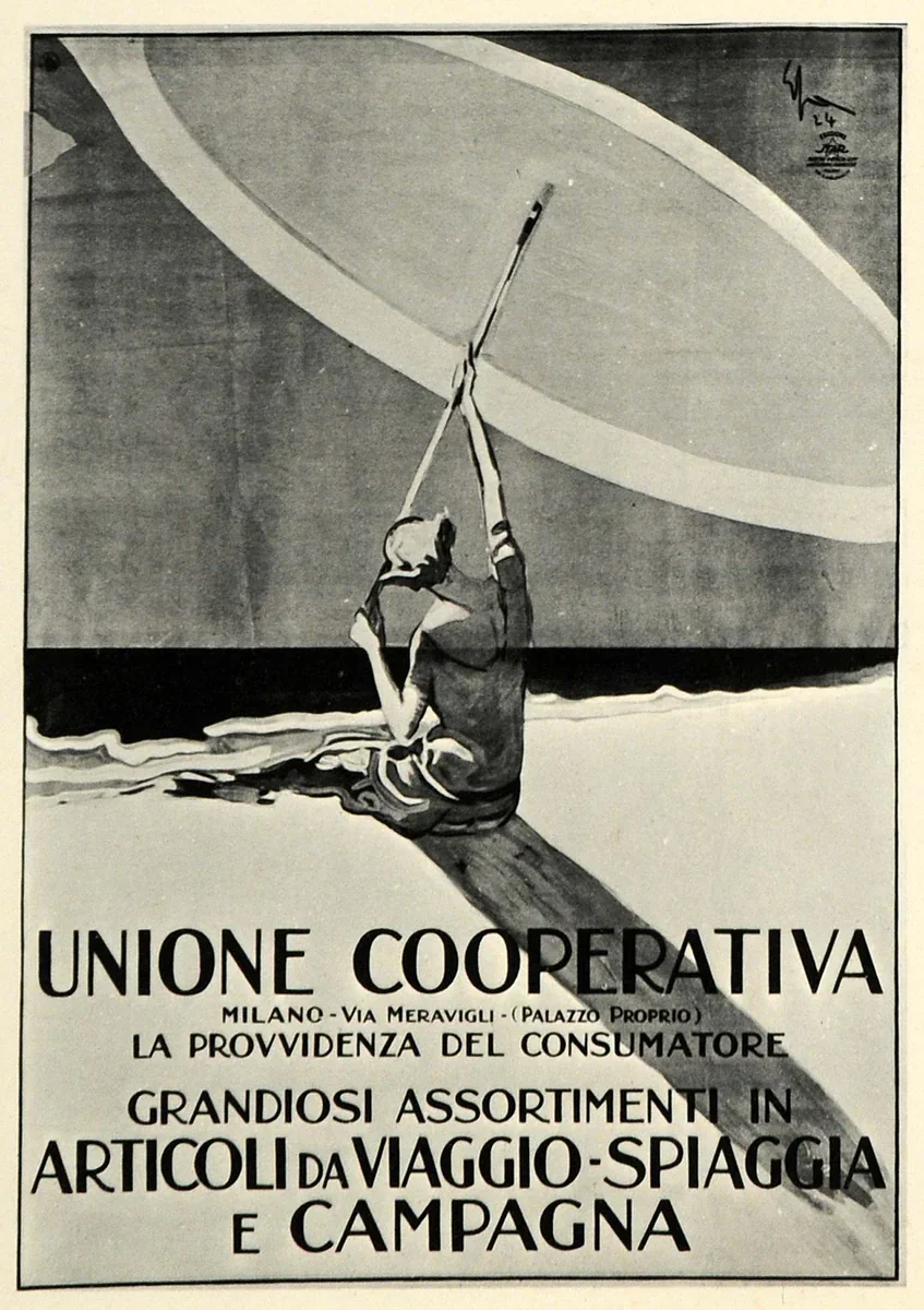 Vintage black-and-white poster showing a person sitting on the beach, holding a fishing rod with the ocean and sky in the background. The poster is for Unione Cooperativa, promoting a variety of travel, beach, and country articles.
