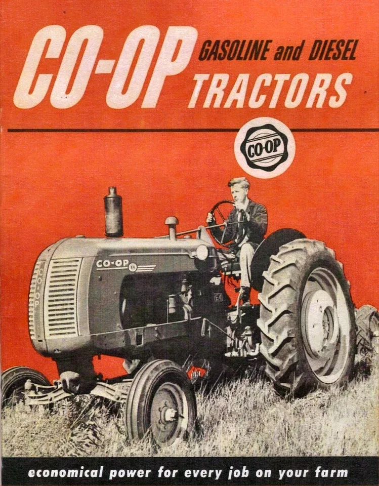 Vintage advertisement poster showing a man sitting on a vintage tractor labeled "CO-OP" with a red background. Text on the poster reads "CO-OP GASOLINE and DIESEL TRACTORS" and "economical power for every job on your farm." The poster promotes Co-op 