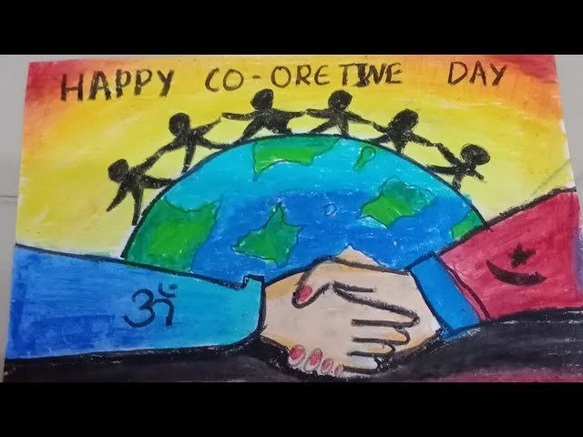 A drawing of a group of children holding hands around the Earth, with the words 'Happy Co-Create the Day' at the top. Two hands are shaking in front of the Earth, symbolizing unity and cooperation.