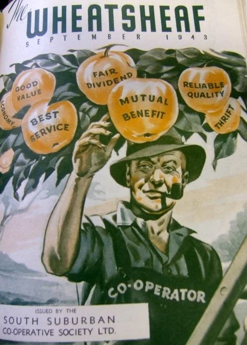 Vintage poster featuring a man with a pipe, wearing a hat and a shirt labeled 'co-operator,' holding a staff with oranges and leaves. The oranges have words like 'good value,' 'best service,' 'fair dividend,' 'mutual benefit,' 'reliable quality,' and