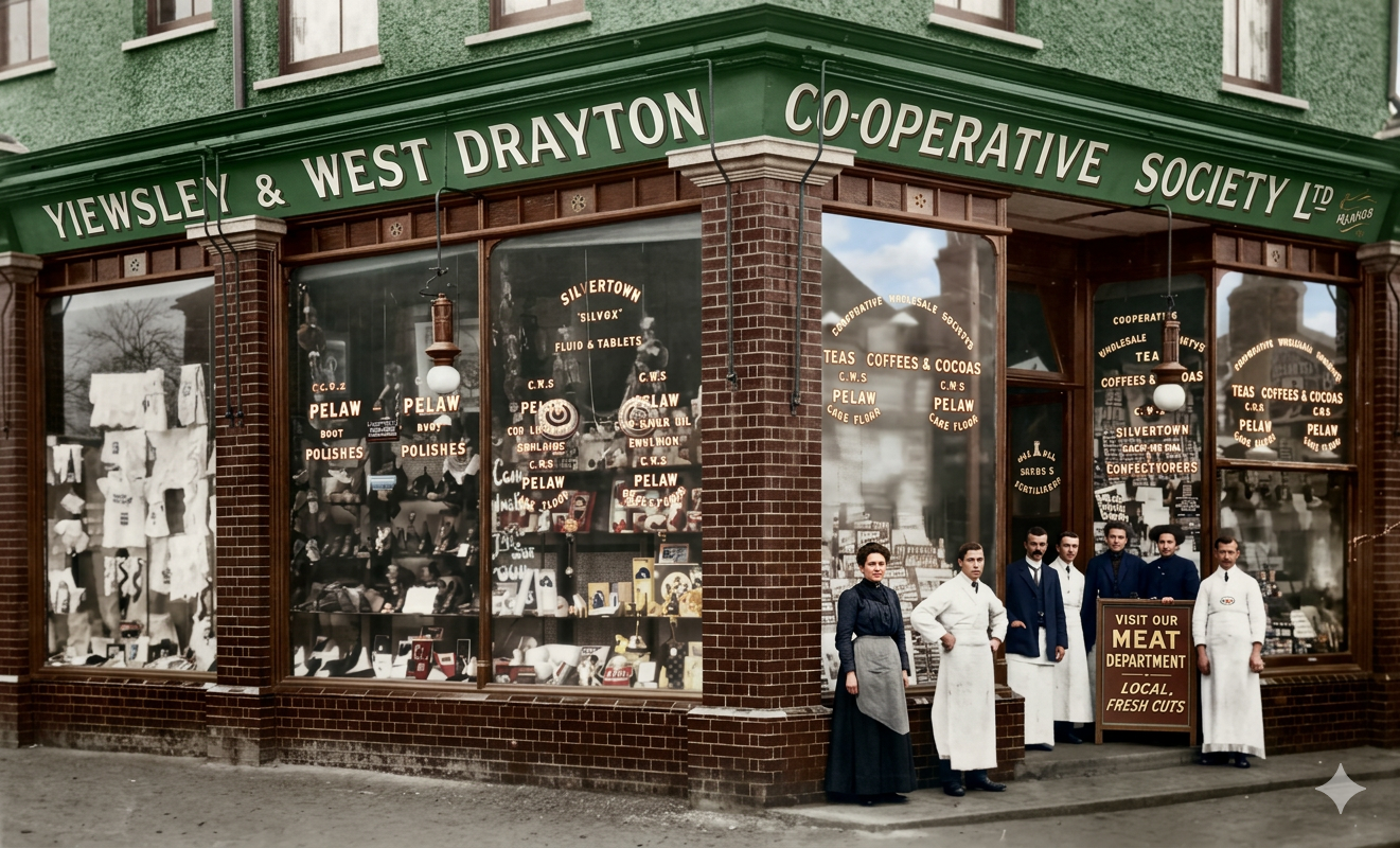 Vintage storefront with large display windows and a green sign that reads 'Viewslen & West Drayton Co-operative Society Ltd.' Four people dressed in period clothing standing outside, some in aprons, with a sign advertising the store’s meat department