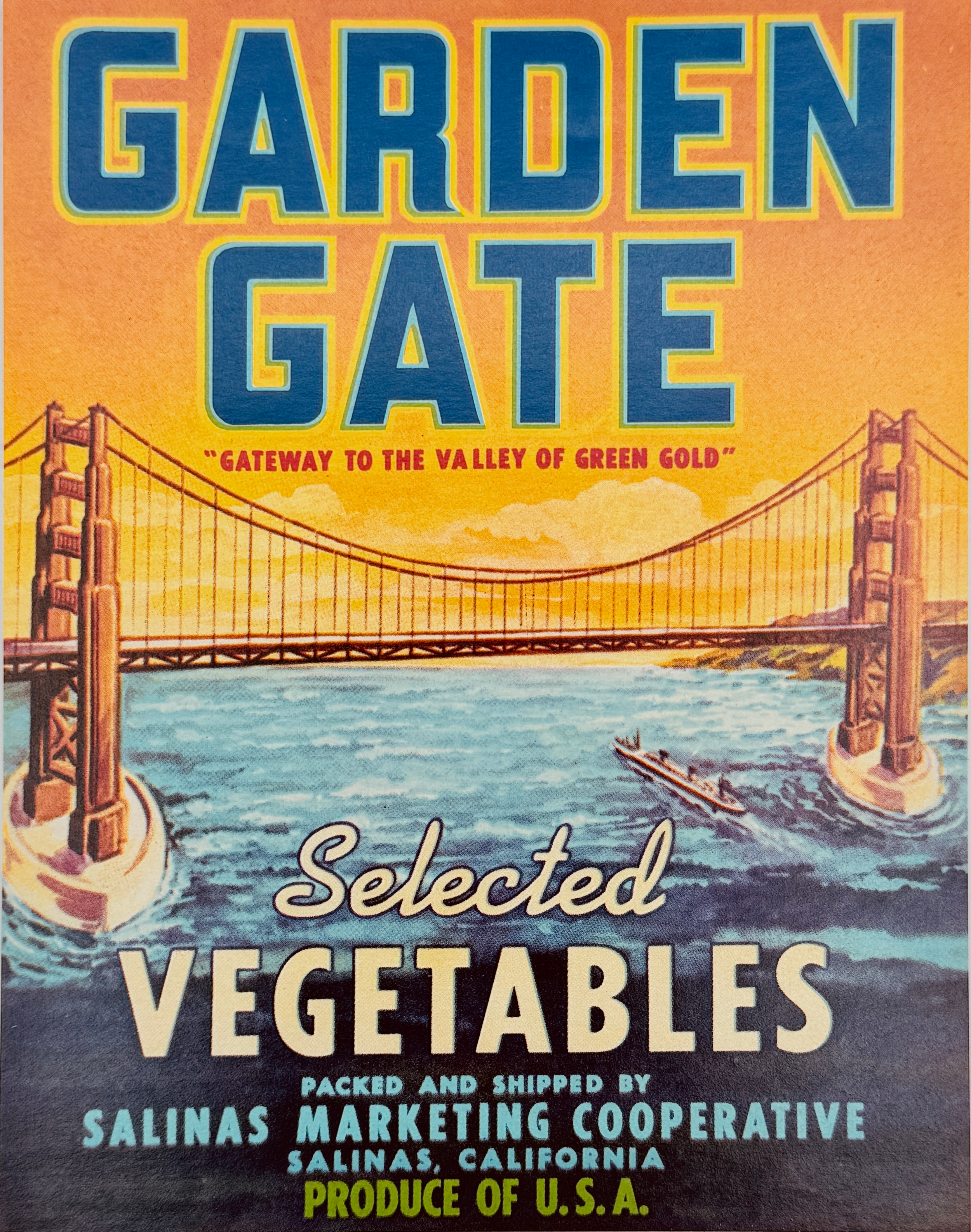 Colorful vintage-style grocery bag for co-op coop Golden Gate Bridge and text reading 'GARDEN GATE, Gateway to the Valley of Green Gold, Selected Vegetables, Packed and Shipped by Salinas Marketing Cooperative, Salinas, California,  