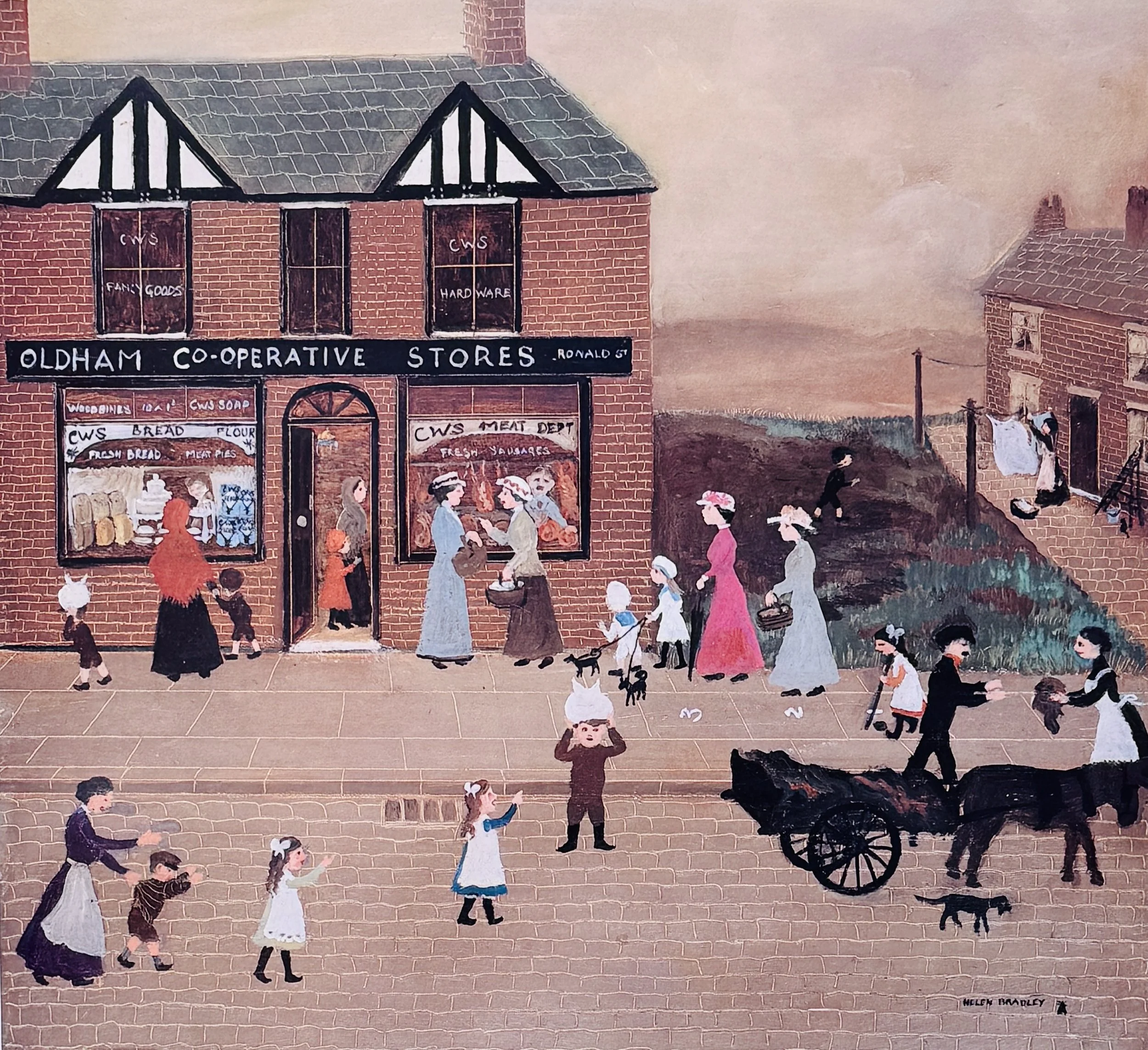 A painting of a busy street scene outside a coop store called 'Oldham Co-Operative Stores.' People and children walk along the sidewalk, some with baskets and pets, while a woman pushes a cart with a baby carriage. A horse-drawn cart and children pla