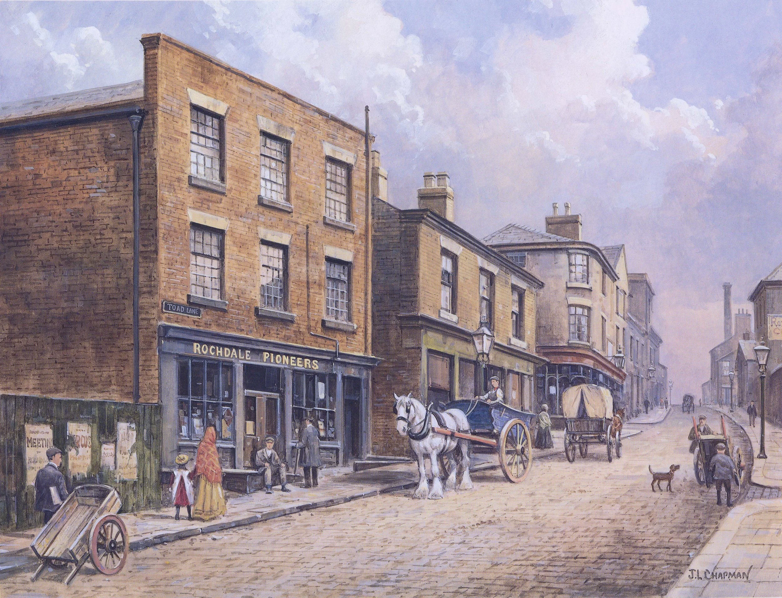 Historic painting of a Victorian Rochdale street with brick buildings, horse-drawn carts, pedestrians, and a shop sign reading “Rochdale Pioneers.”