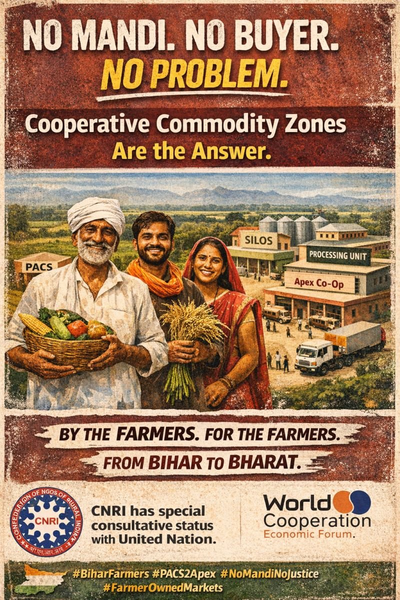 A poster promoting cooperative commodity zones by farmers in Bihar, India. It features three smiling farmers holding produce against a rural backdrop with labeled buildings for silos, processing units, and cooperatives.