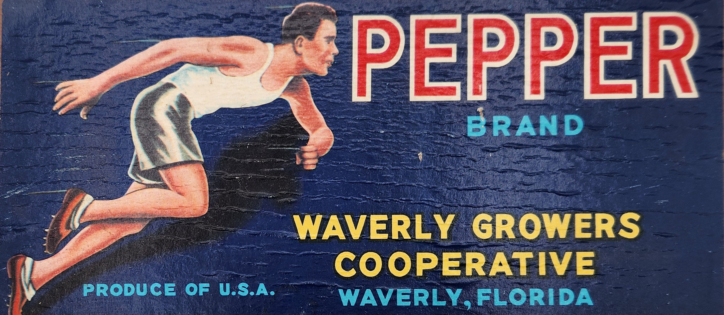 Vintage advertisement for Pepper Brand Waverly Growers Cooperative, U.S. produce, with an illustration of a young man in athletic pose wearing a tank top and shorts.