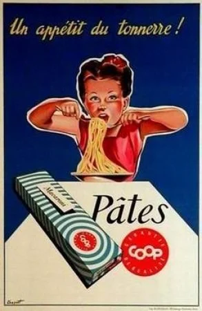 Vintage French advertisement featuring a young girl eating spaghetti, with a box of pasta labeled 'Pâtes' and a logo for Coop.