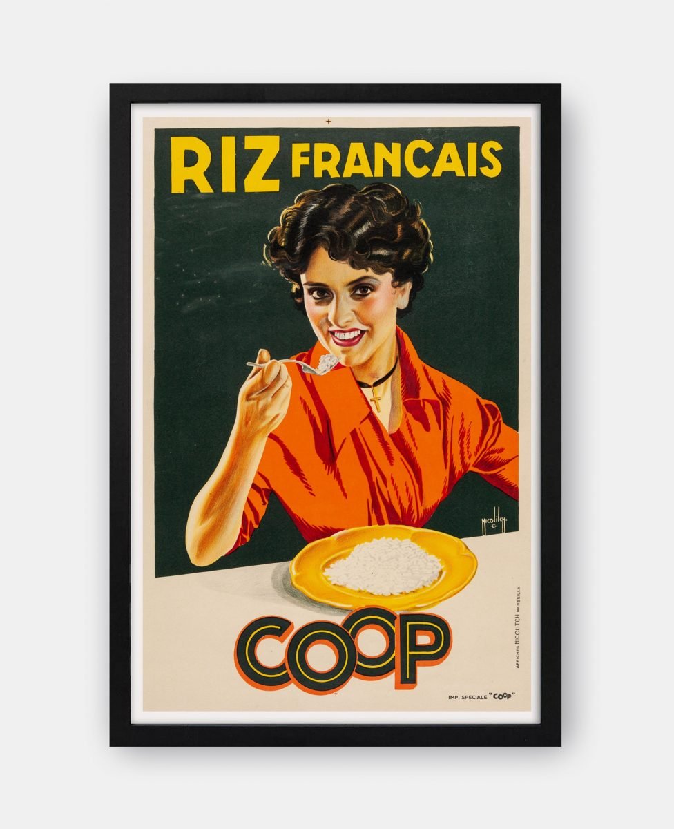 Vintage poster advertising French-style rice from Coop, featuring a smiling woman with short curly hair wearing an orange shirt, holding a spoon of rice.