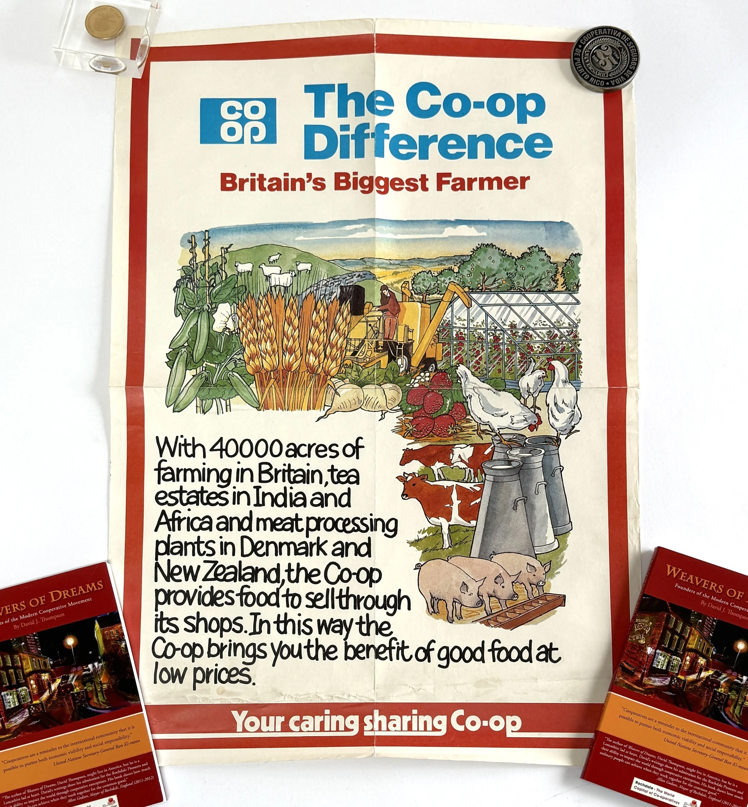 A poster about The Co-op, Britain's largest farmer, showing images of farm animals, crops, a greenhouse, and farming equipment, with text describing its farming practices across several countries.