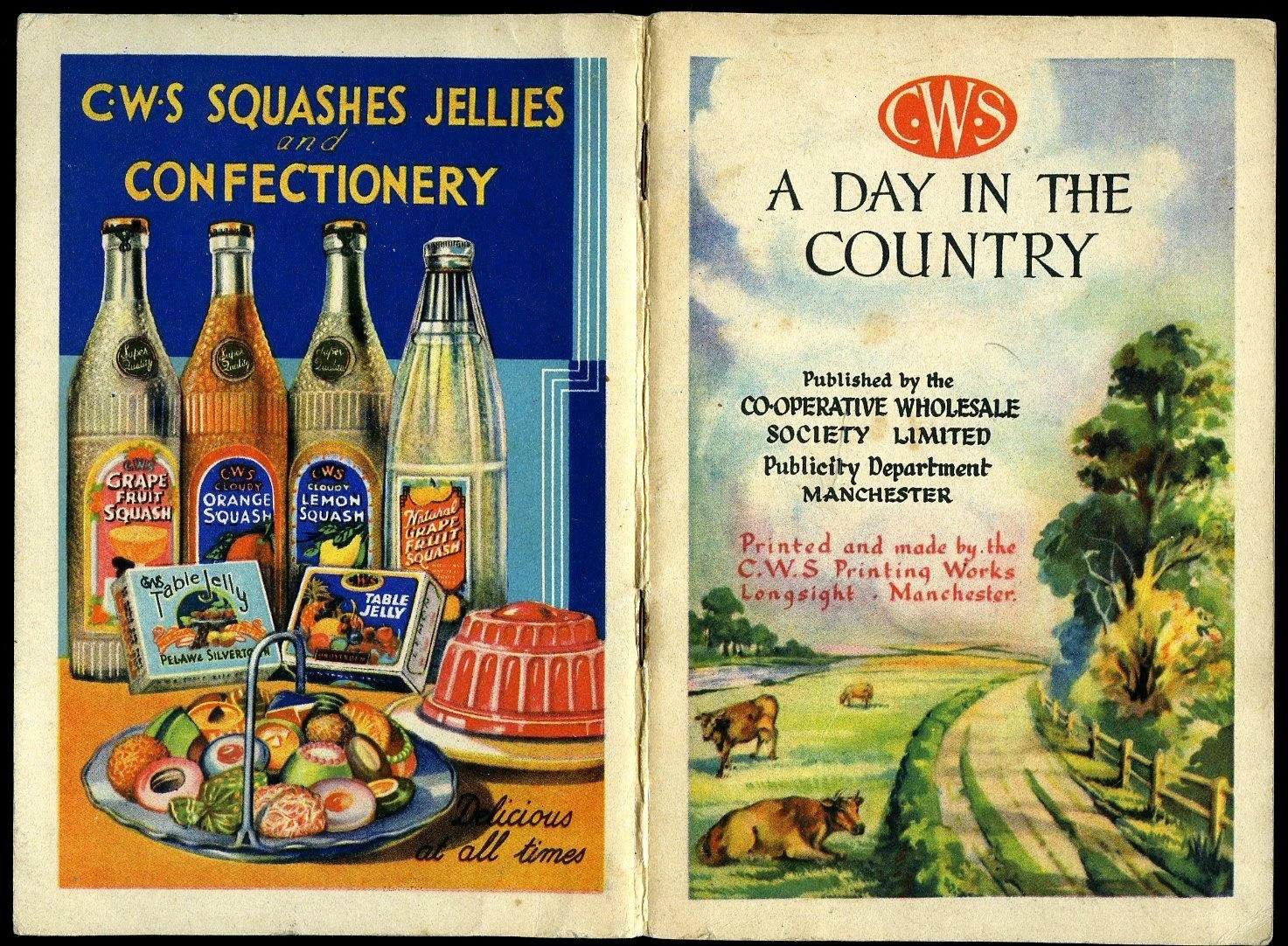Vintage brochure showing jars of squashes and jellies, and a scene of rural countryside with cows and a winding path.