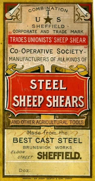 Vintage advertisement for steel sheep shears made from best cast steel in Sheffield, with text highlighting a trade unionist's shear trade.