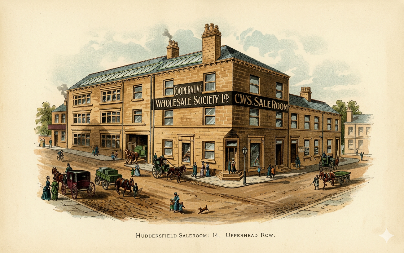 Historical illustration of the Huddersfield Saleroom, a three-story brick building with signs for cooperative wholesale society and sale room, surrounded by horse-drawn carriages, pedestrians, and street lamps, in a town setting.