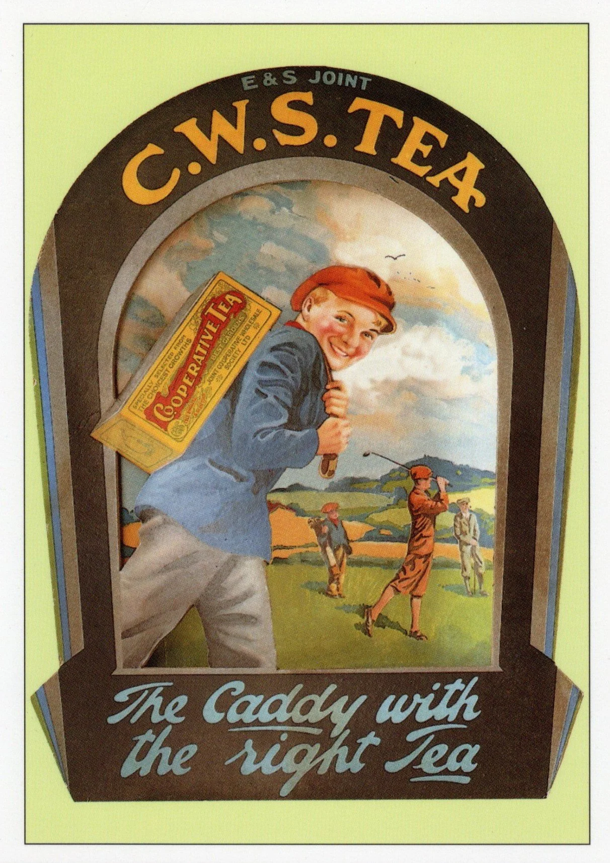 Vintage advertisement for C.W.S. Texas tea featuring a cheerful young boy with a bag of cooperative tea on his back, standing on a golf course with other players in the background.