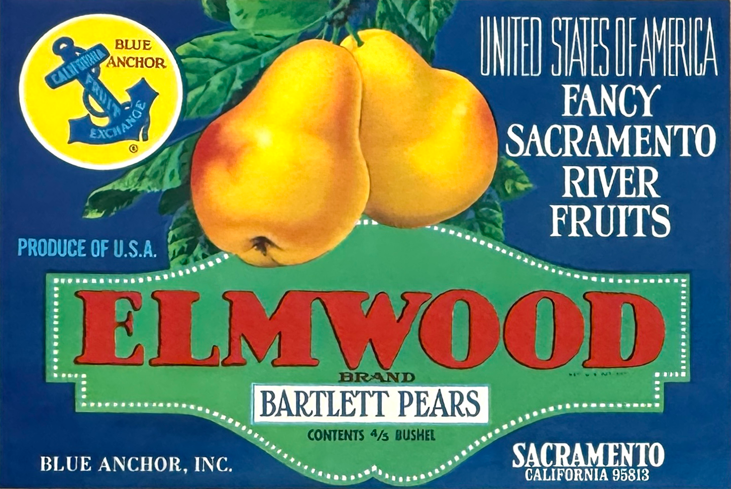 Vintage fruit label for Elmwood Bartlett Pears, featuring two yellow pears on green leaves, with various text including 'United States of America,' 'Fancy Sacramento River Fruits,' 'Produce of U.S.A.,' and 'Blue Anchor, Inc., Sacramento, California.'