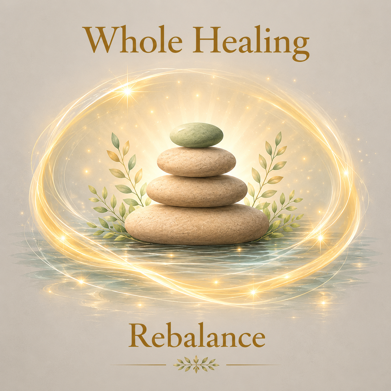 Stack of four smooth stones with a green stone on top, surrounded by glowing, swirling golden light and green leaves, with the text 'Whole Healing Rebalance' above and below.