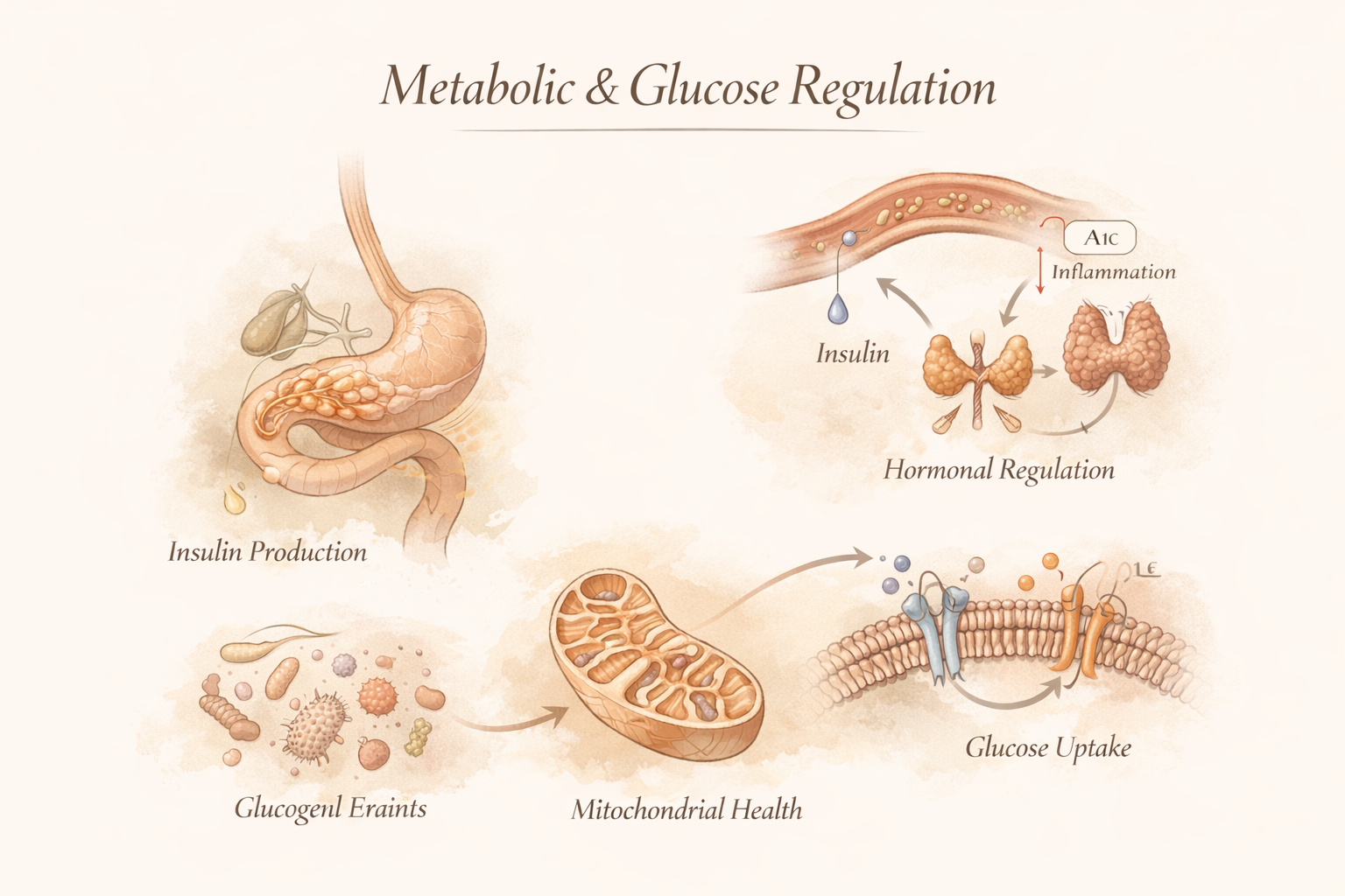 Diagram showing metabolic and glucose regulation involving insulin production in the pancreas, mitochondrial health, and glucose uptake in cells with labels for inflammation, hormonal regulation, and A1C.