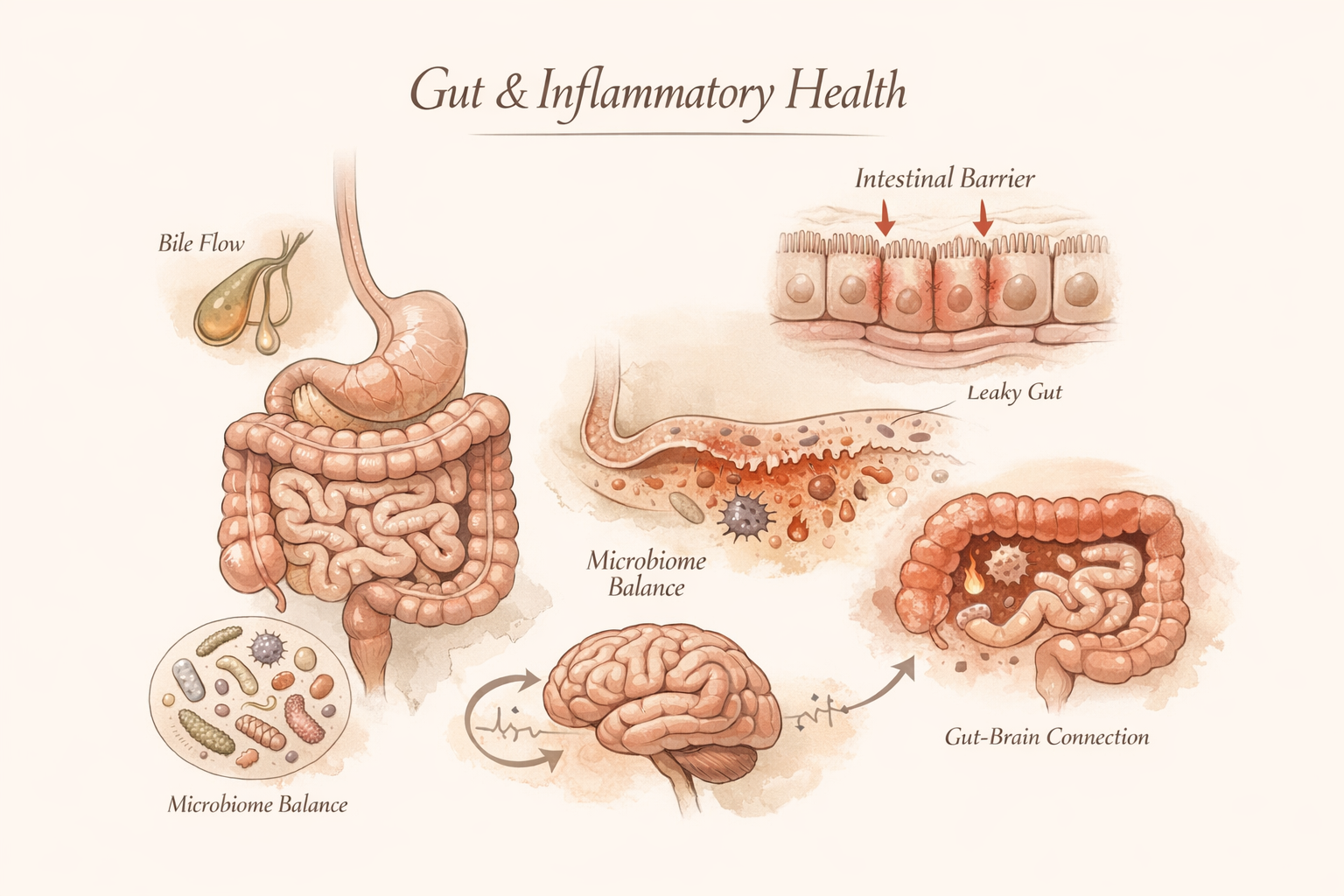 Diagram illustrating gut and inflammatory health, showing microbiome balance, intestinal barrier, leaky gut, gut-brain connection, and bile flow.