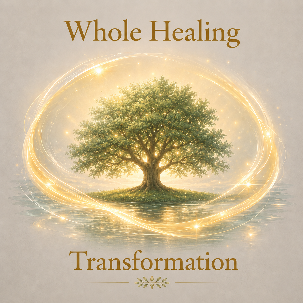 A digitally illustrated image of a large tree with glowing golden sparkles and swirling light trails around it. Text above the tree reads 'Whole Healing' and below it reads 'Transformation'.