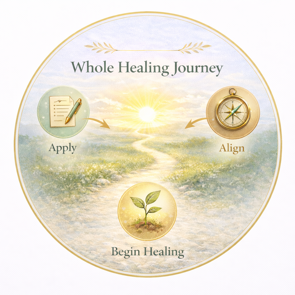 Diagram titled 'Whole Healing Journey' illustrating a process with three steps: Apply written plan, Align with a compass, Begin Healing with a sprouting plant, connected by arrows set against a scenic background of a sunrise over a river.