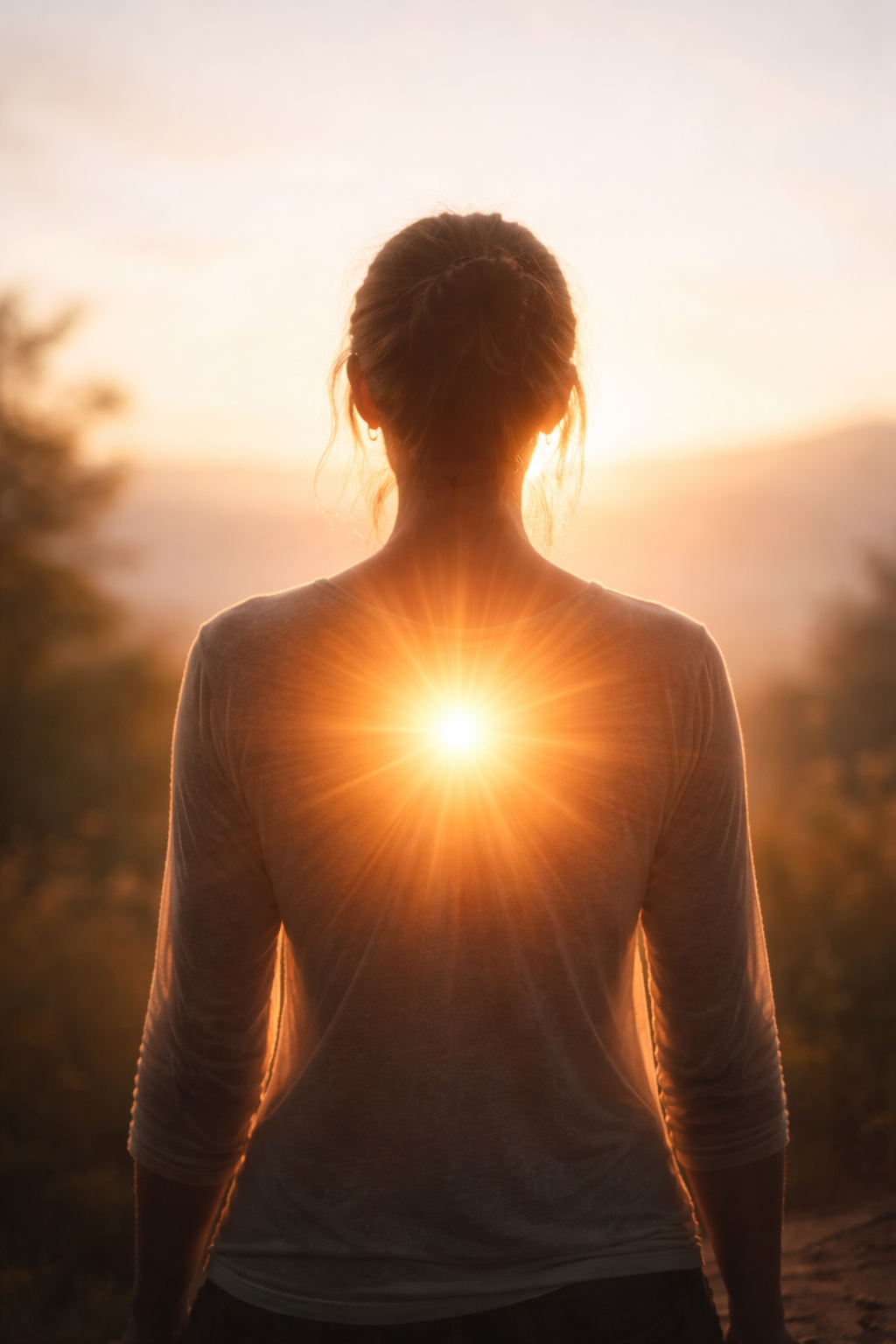 A woman is standing outdoors at sunset, facing away from the camera, with the sun positioned on her back creating a glowing effect.