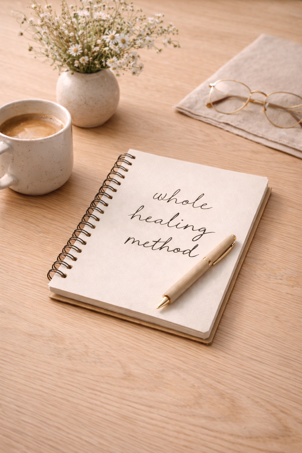 Notebook with 'whole healing method' written on it, a pen, a cup of coffee, a vase with daisies, and glasses on a napkin on a wooden table.