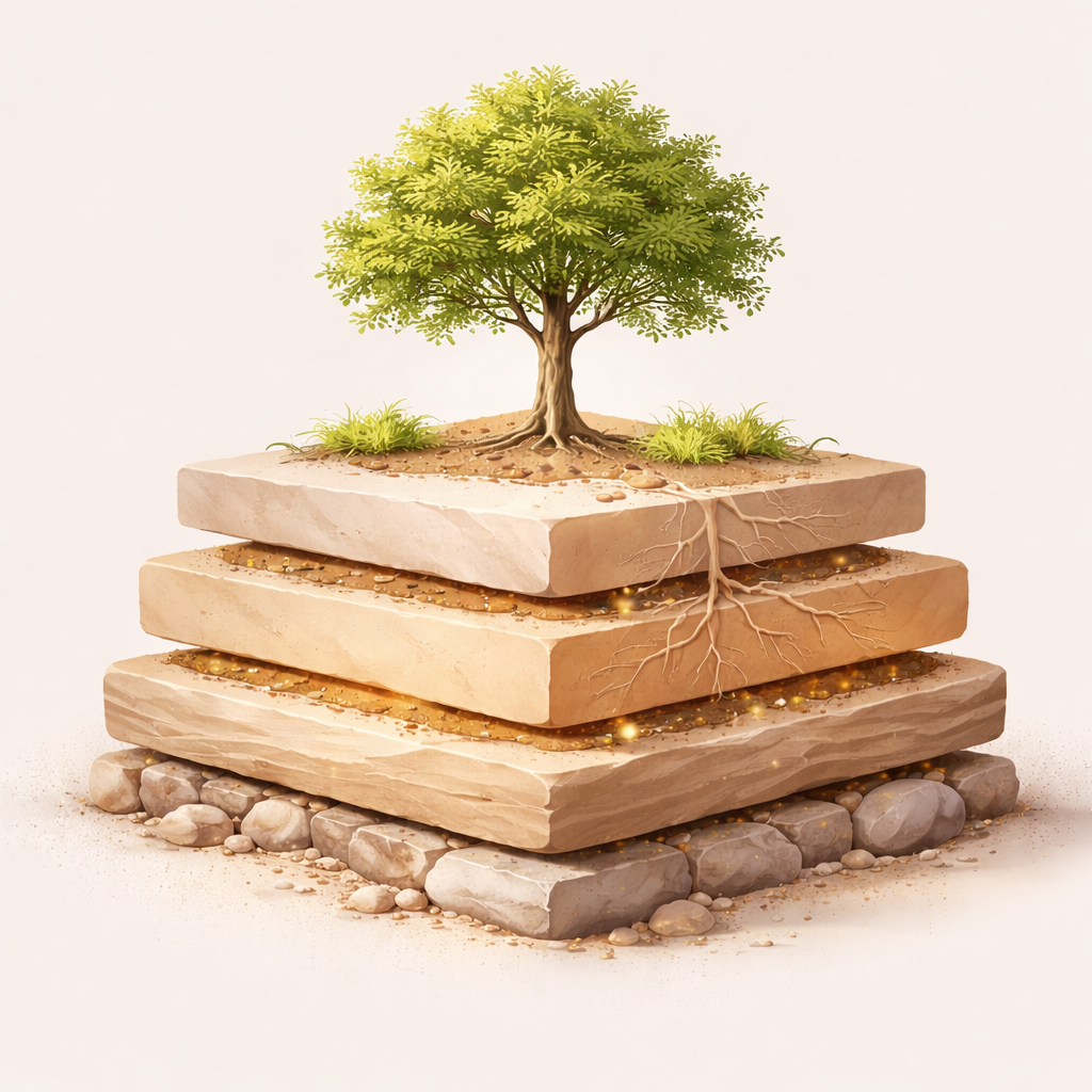 A digital illustration of a tree with roots growing through multiple layers of earth, depicted as stone slabs, with rocks at the base.