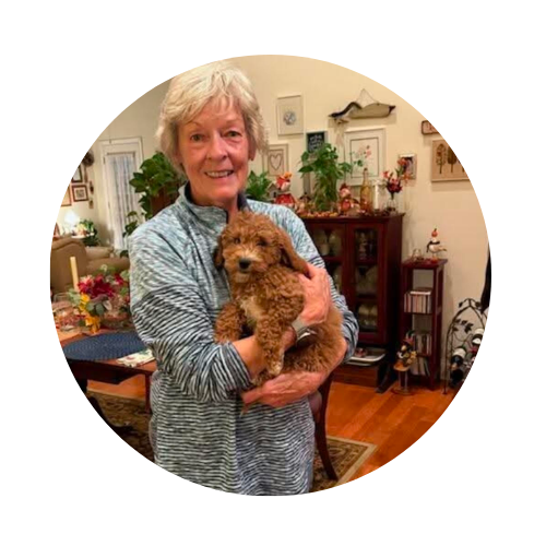 An elderly woman smiling and holding a small, curly-haired brown puppy in a decorated room.