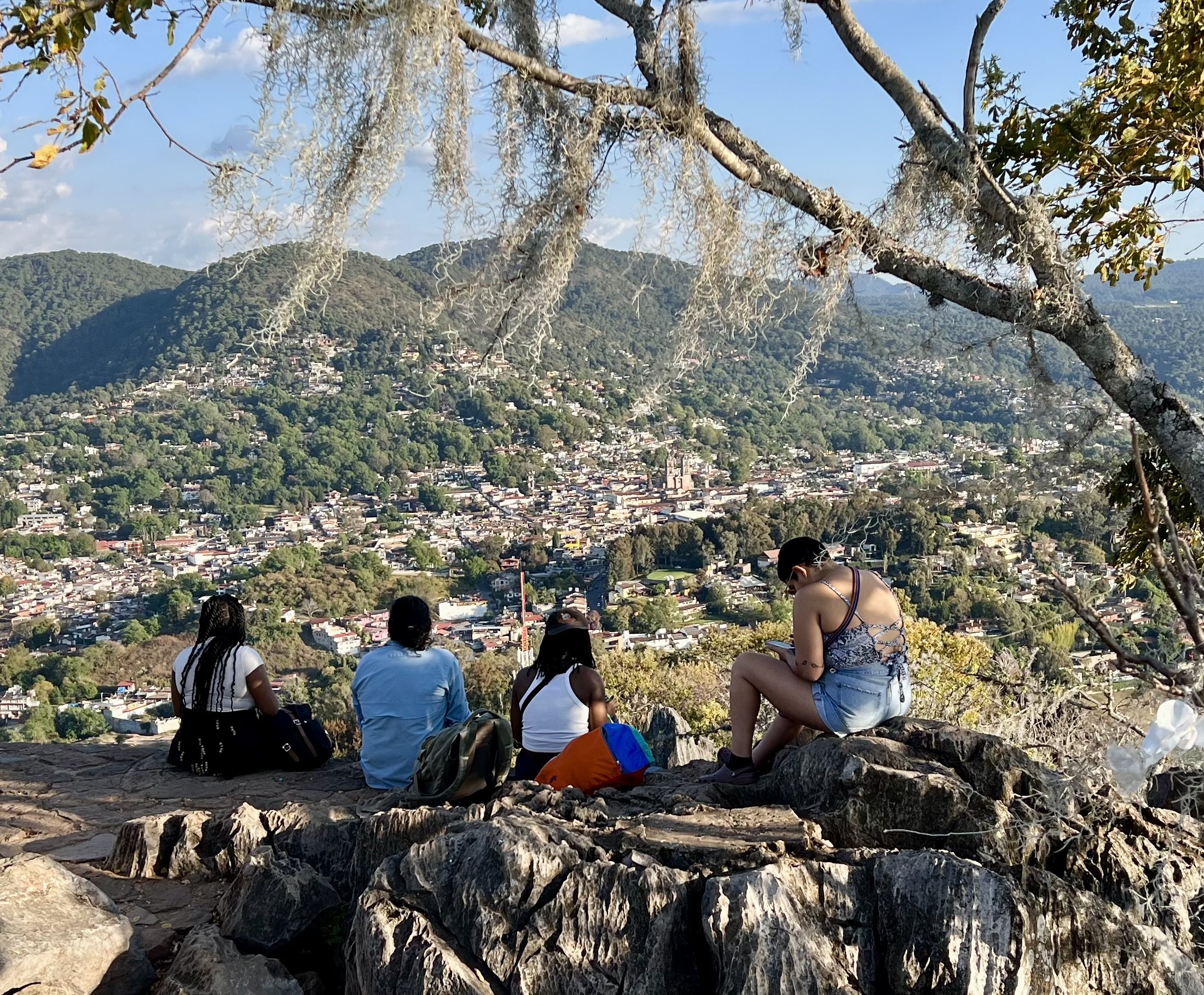 Four women sitting on rocks overlooking a cityscape with mountains in the background, under a tree with Spanish moss.