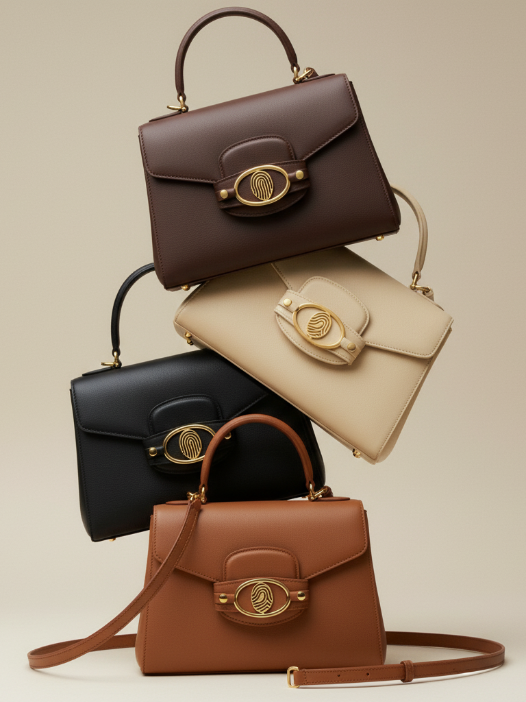 Stacked handbags in brown, beige, black, and tan colors with gold hardware on a plain background.