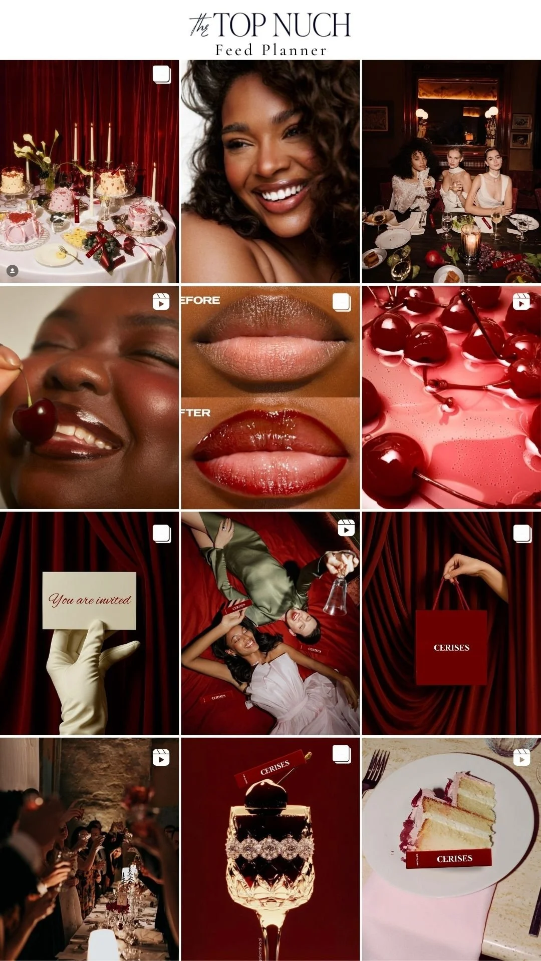 A collage of images from a celebration or party, featuring decorated cakes, a smiling woman, women dining at a table, close-up of lips before and after makeup, cherries in a pink beverage, a person holding an invitation card, women lying on a red bed, a hand holding a red shopping bag, a toast at a dinner party, a crystal glass with a cherry-themed drink, and a slice of cake on a plate.