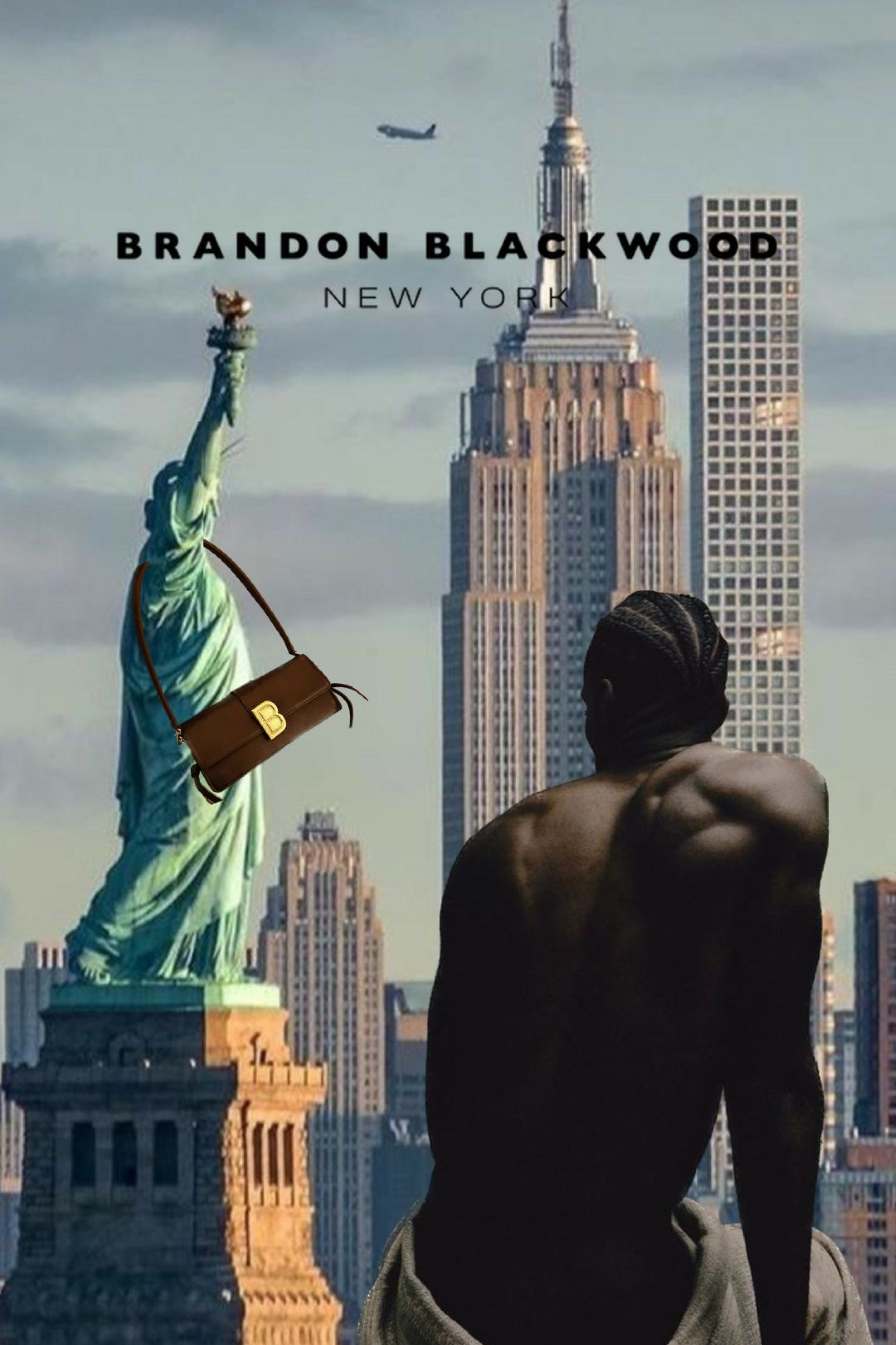 A digitally edited collage featuring the Statue of Liberty with a handbag hanging from her torch, a person with braided hair sitting on a ledge and looking at the New York City skyline behind them, including the Empire State Building. An airplane is 