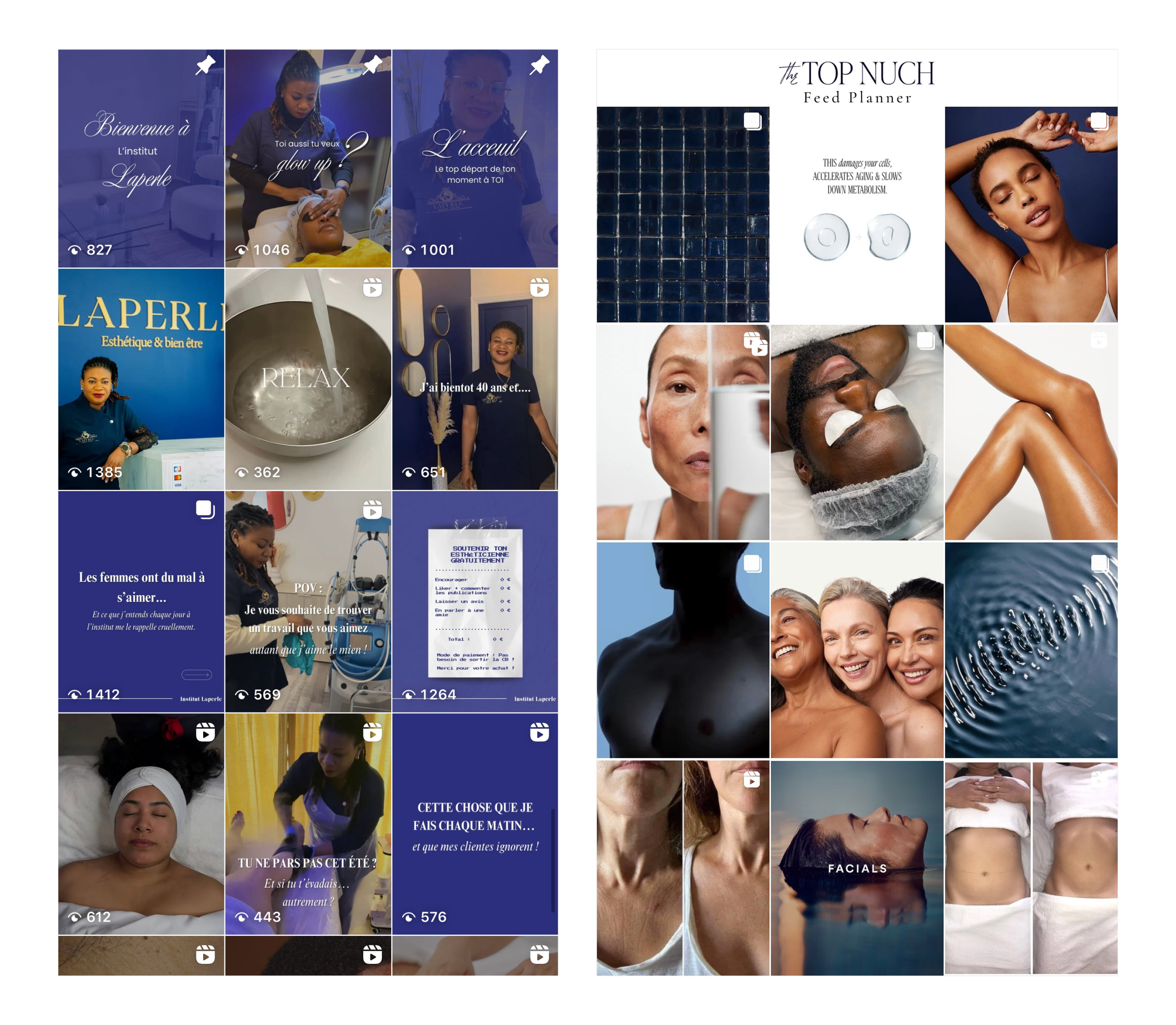 Collage of skincare, beauty, and wellness promotional images, including women receiving treatments, skincare products, and facial images.