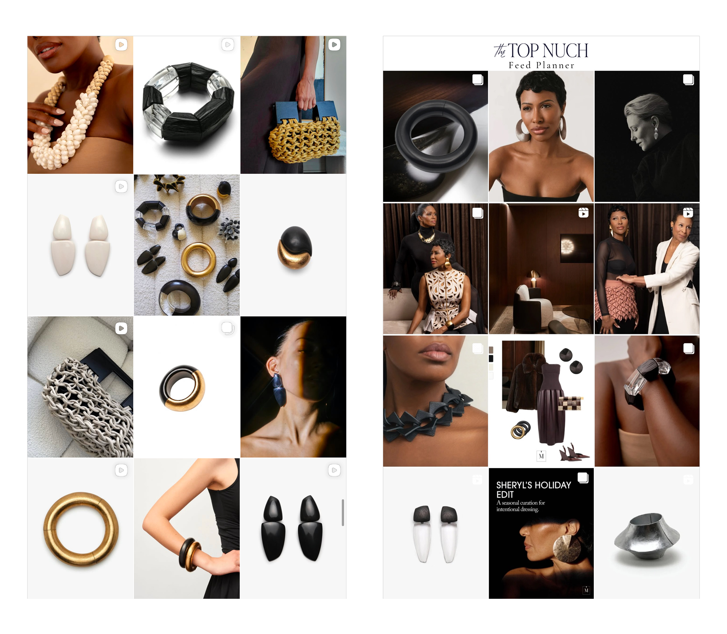 Collage of jewelry items, fashion accessories, and models wearing jewelry, including necklaces, earrings, rings, bracelets, handbags, and fashion shots.