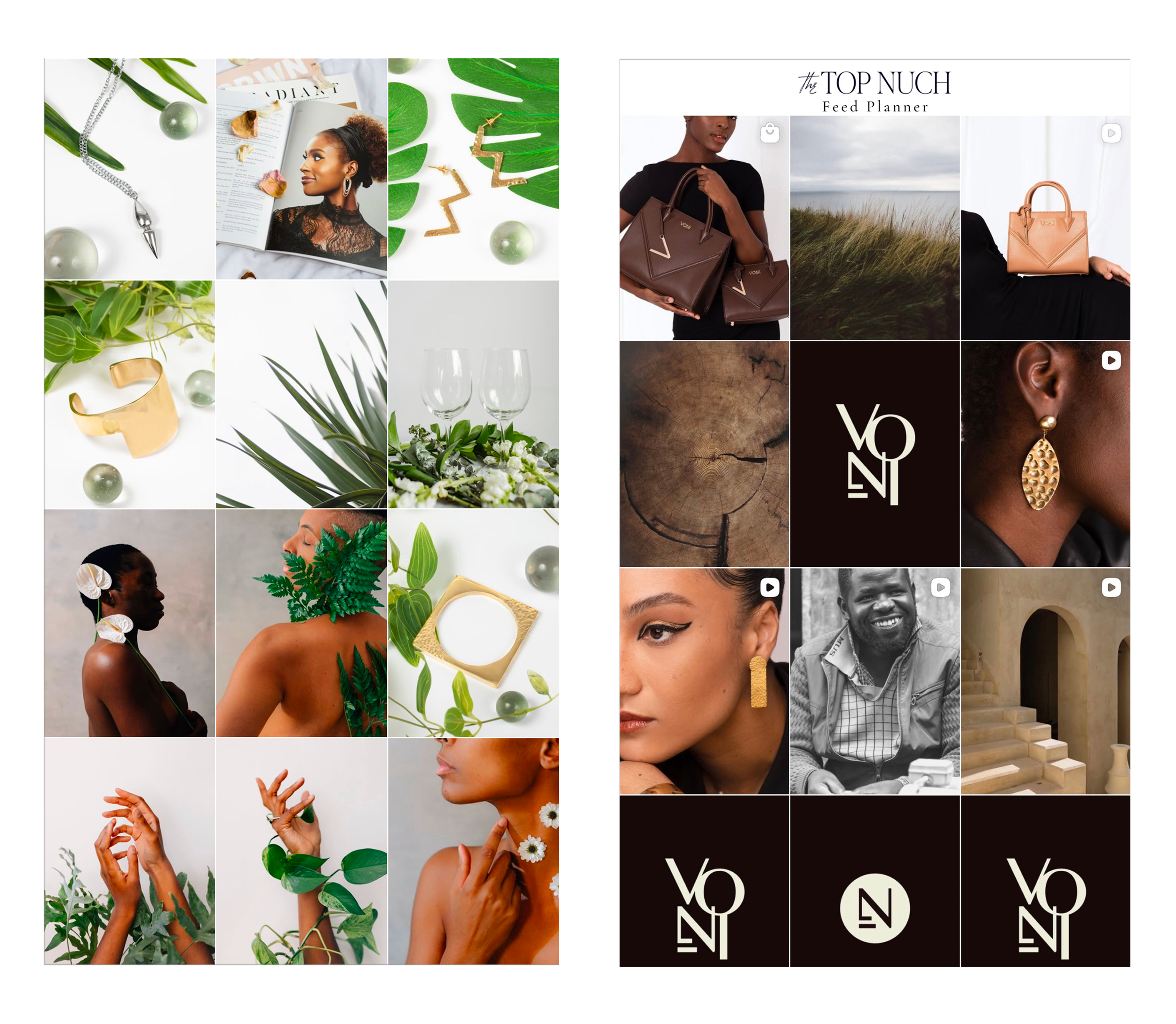Collage of fashion and jewelry items, including handbags, earrings, jewelry, plants, and a person reading a magazine, with some nature scenes and geometric patterns.