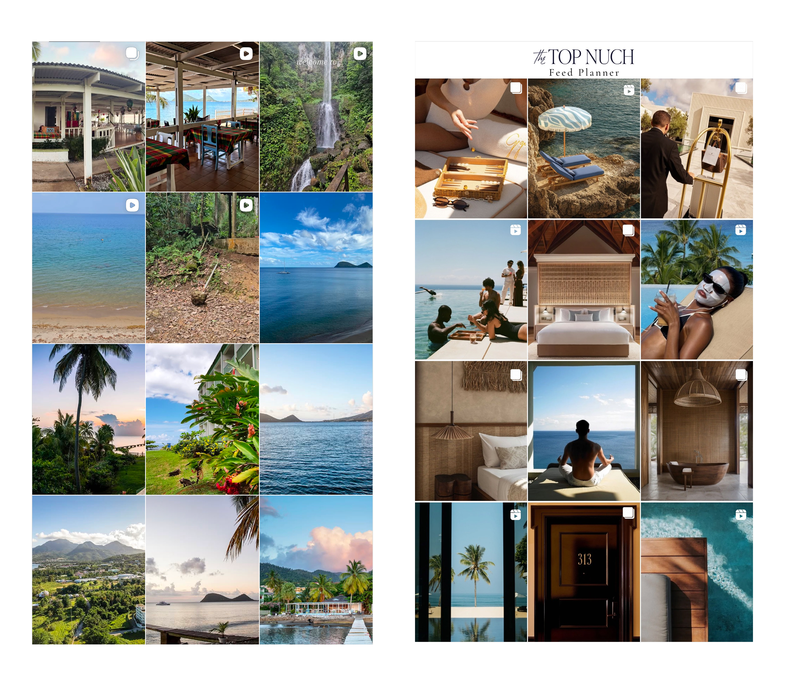Collection of tropical vacation scenes including beaches, ocean views, lush greenery, resort rooms, poolside lounging, people enjoying the scenery, and accommodations.