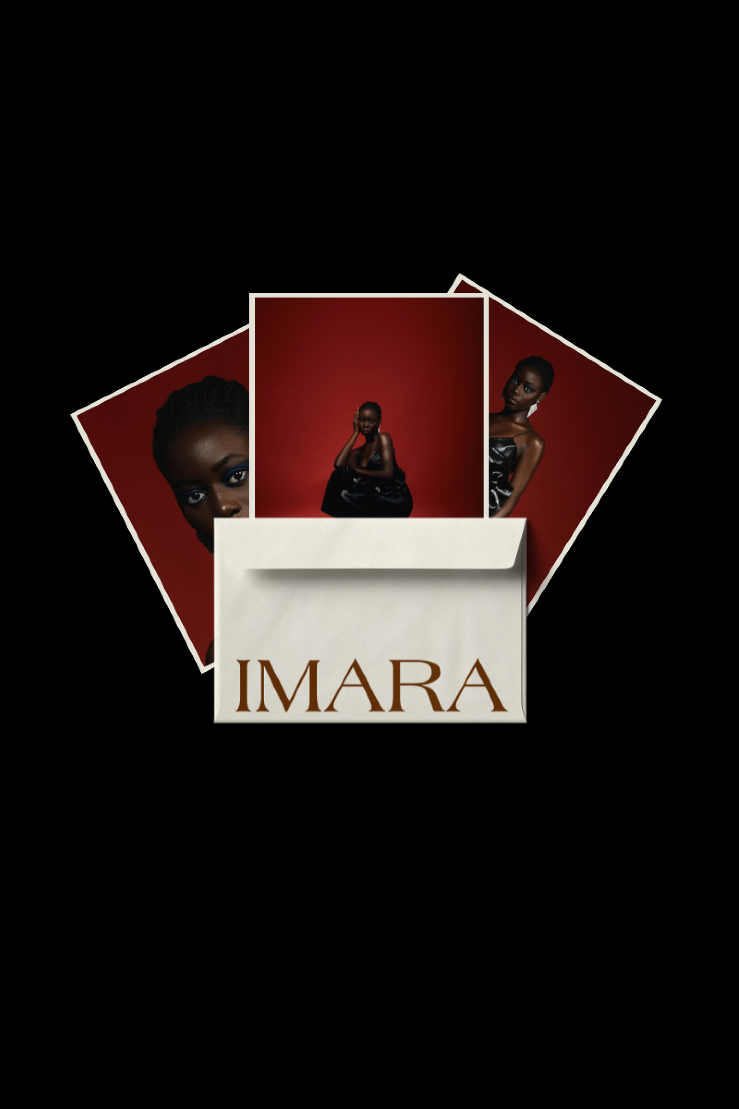A collection of three photographs featuring a Black woman with a red background, placed behind a white envelope with 'IMARA' written on it, against a black background.