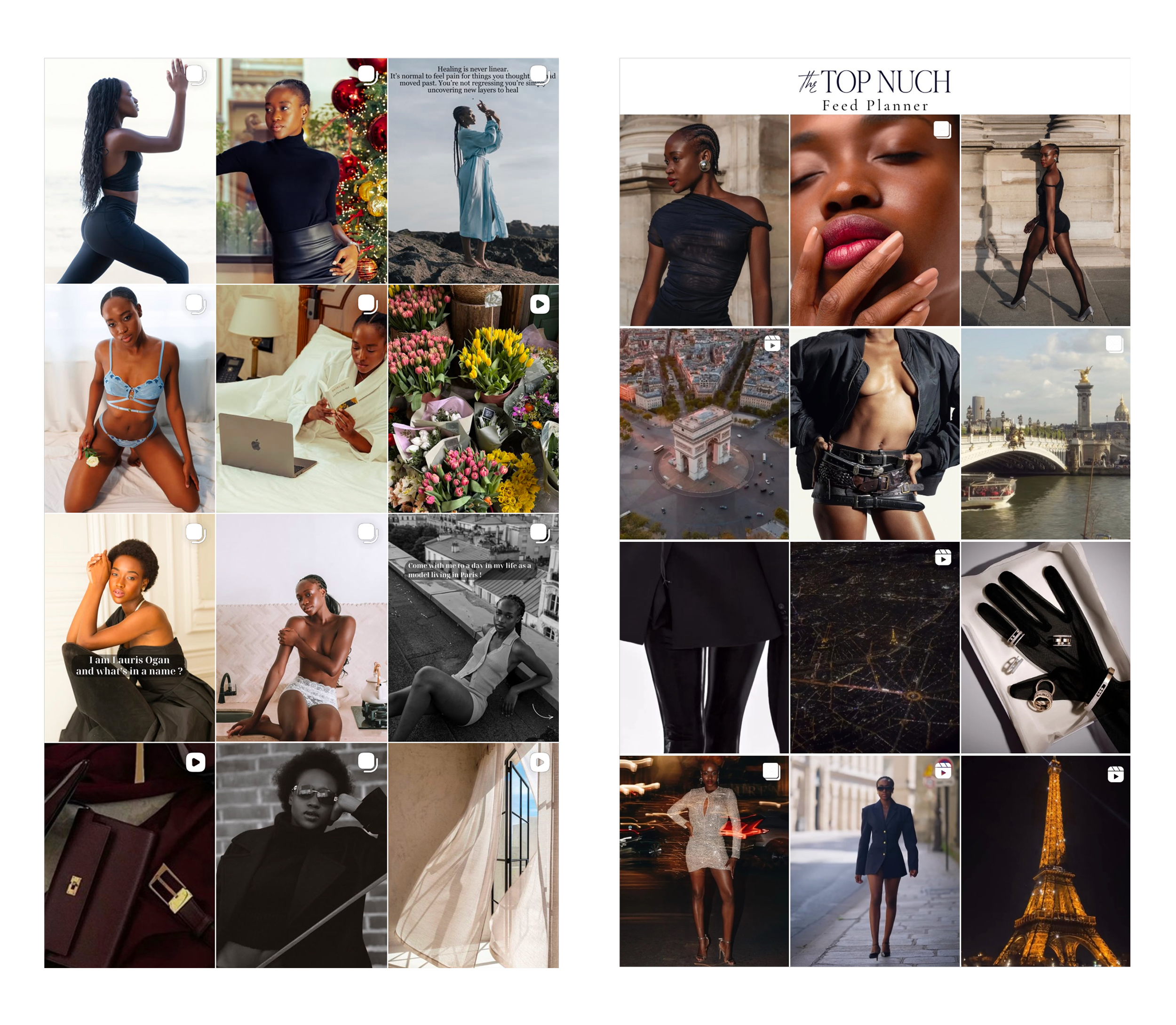 A collage of various photos including women in fashion poses, cityscapes, flowers, jewelry, and a night view of the Eiffel Tower.