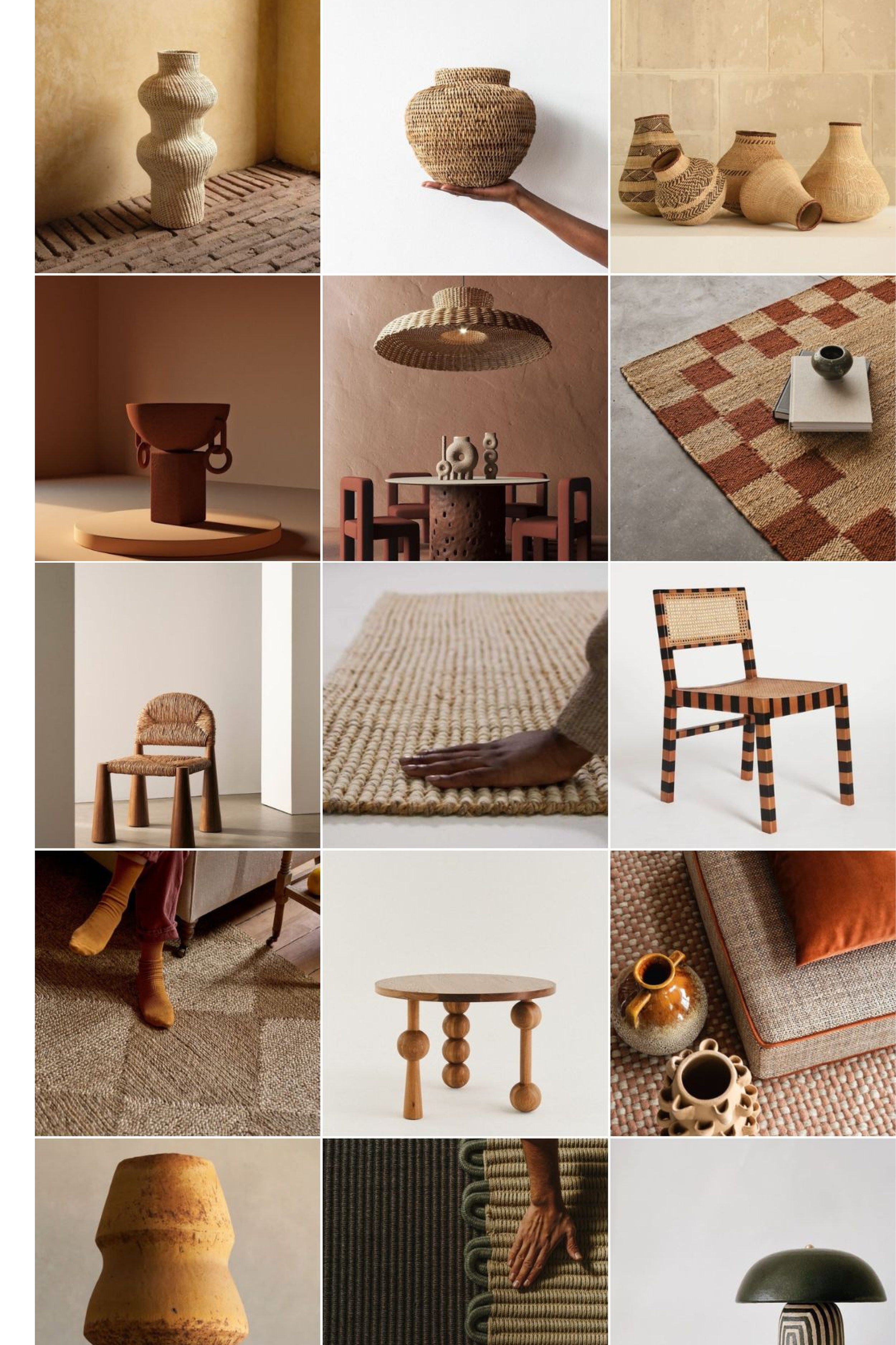 Collection of earthy-toned home decor and furniture items, including woven vases, pottery, textured rugs, chairs, tables, and decorative accessories.
