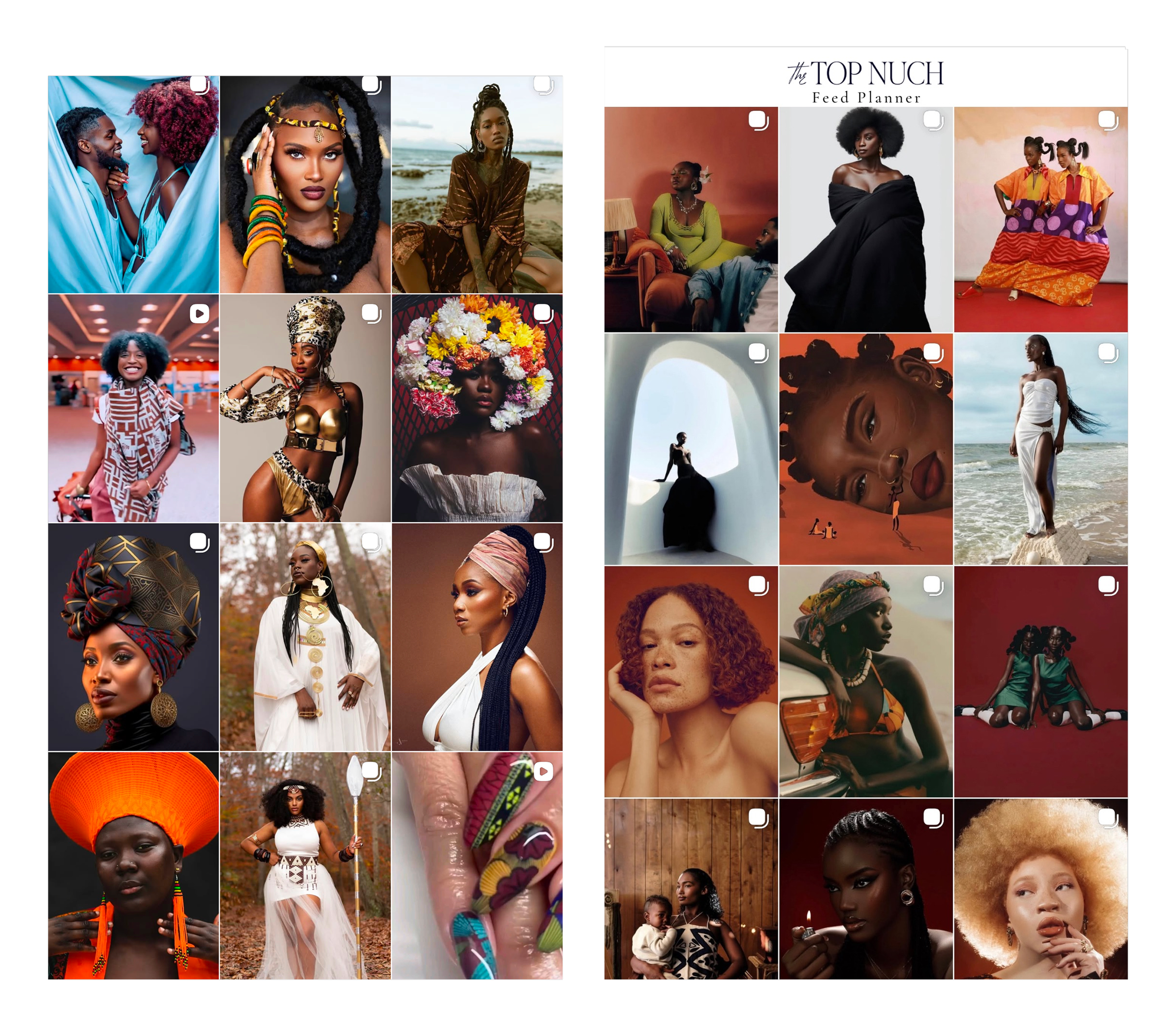 Collage of various portraits of Black women, showcasing diverse hairstyles, fashion, and settings, including studio, outdoor, and cultural themes.
