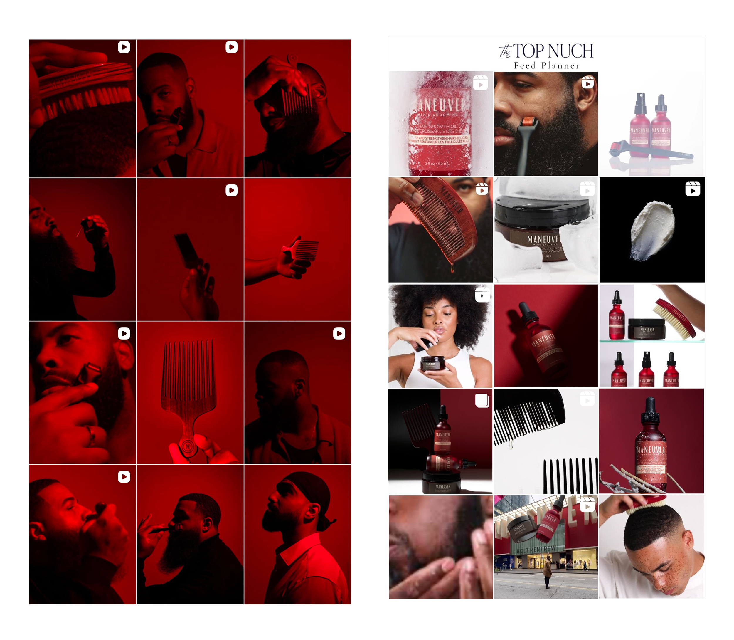 Collage of images showcasing men's grooming products and grooming routines, including men with haircuts, beards, and applying hair or beard products, along with various grooming products such as sprays, creams, and brushes.