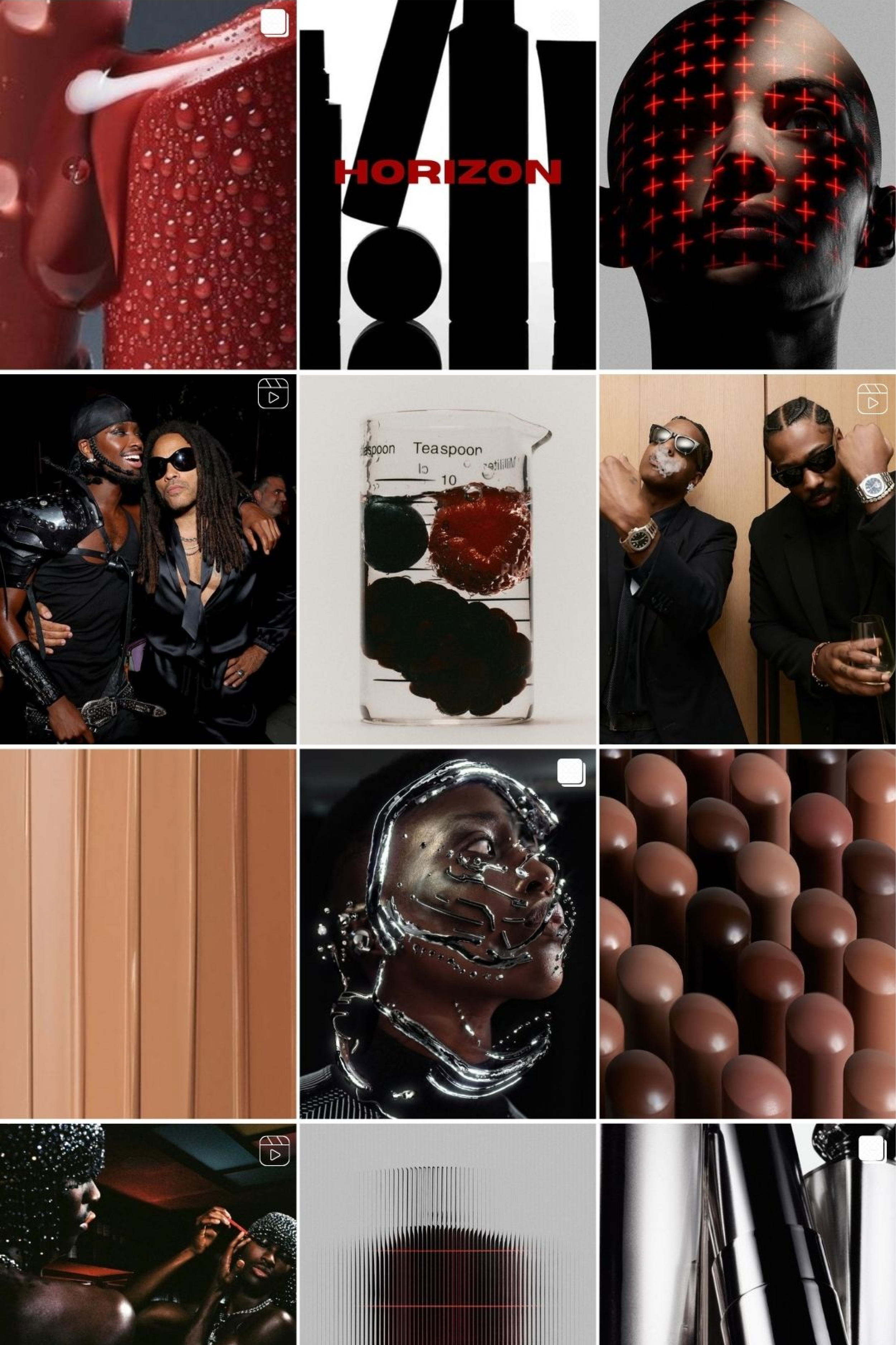 A collage of various images including a close-up of a red beverage with droplets, abstract black and white art with red text reading 'Horizon', a person's face with digital red crossing lines over the eyes, two men posing at an event dressed in black