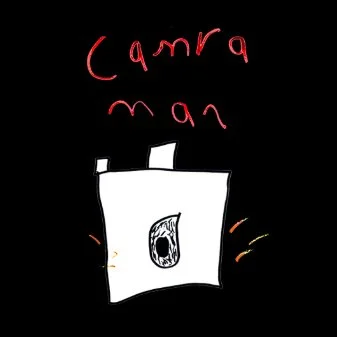 A cartoon illustration of a washing machine with the words 'Camera man' written above in red, on a black background.