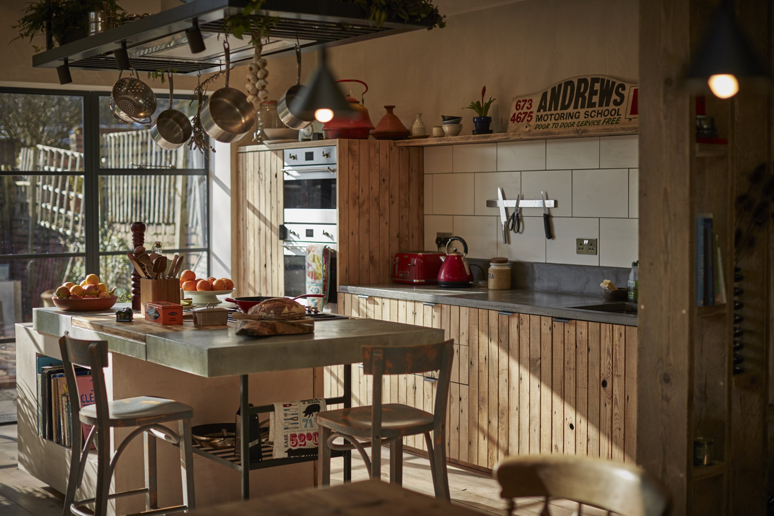 Wooden Kitchen made from reclaimed timber and a concrete worktop