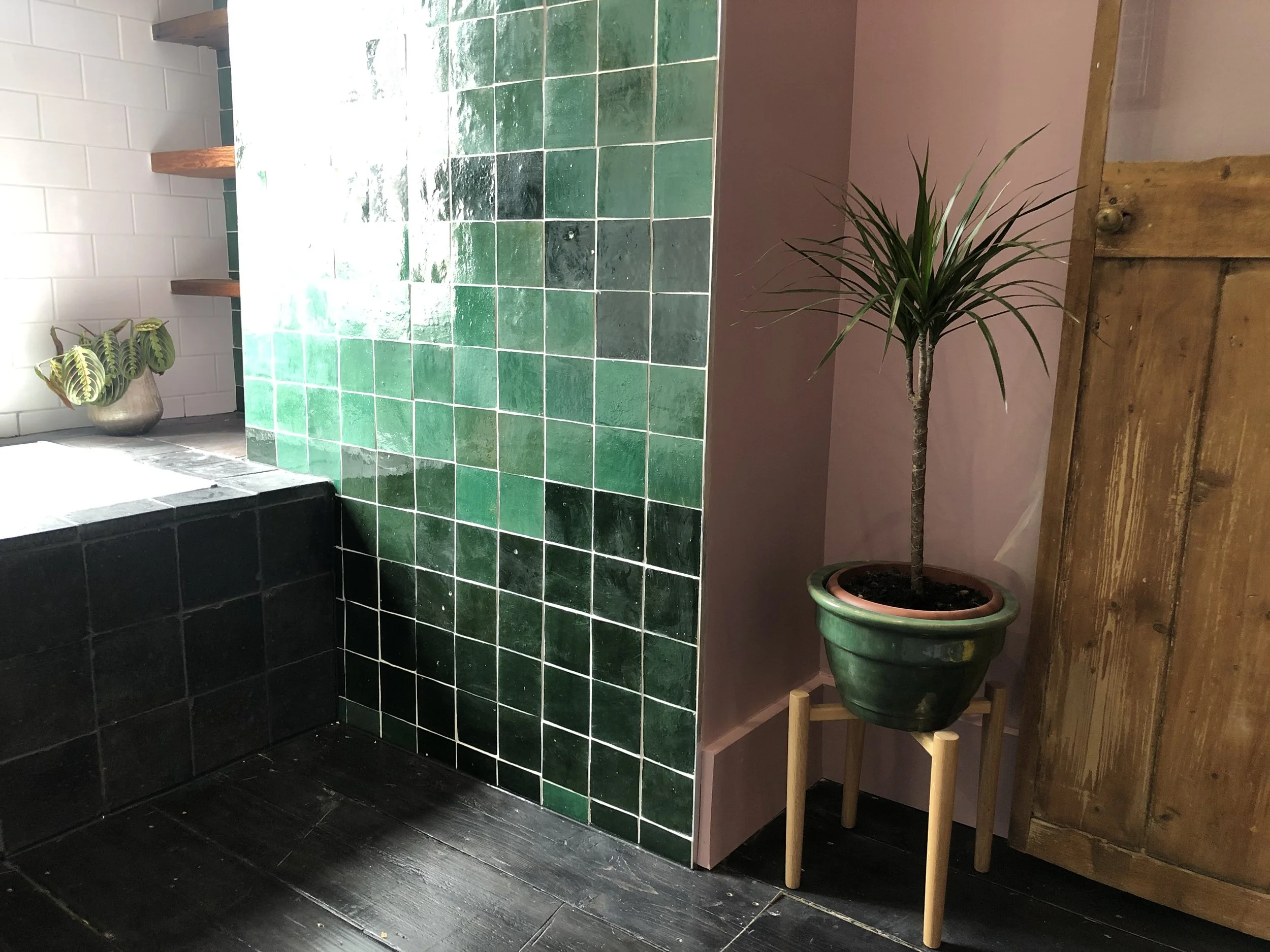 Indoor space with a tiled wall in shades of green, a potted plant on a wooden stand, a wooden cabinet, and a black tiled surface.