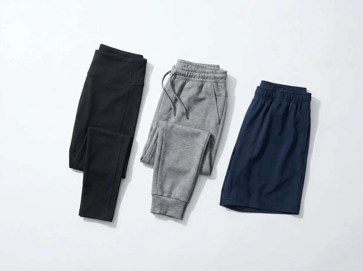 Three pairs of folded athletic pants in black, gray, and navy blue on a white background.