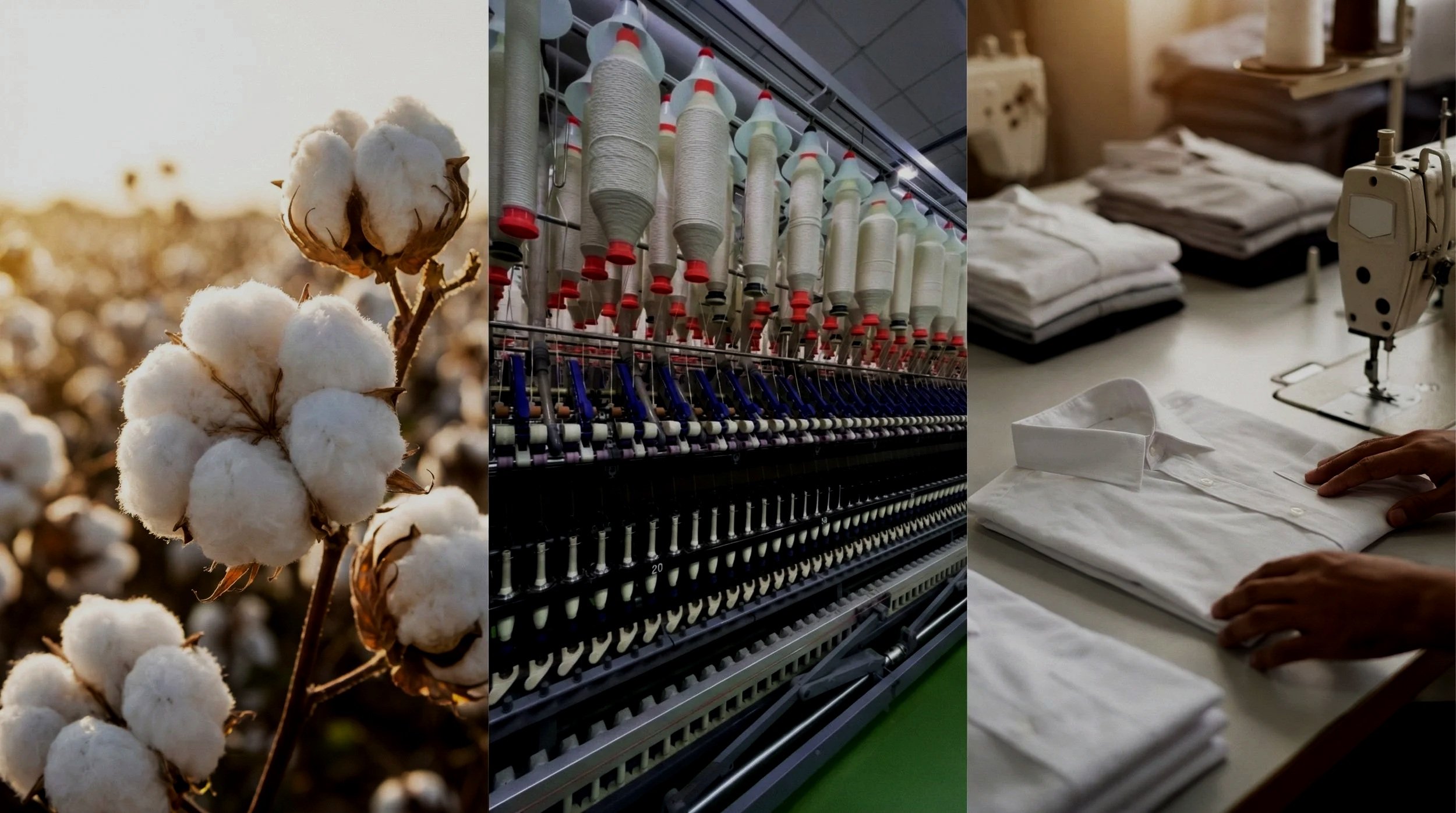 A collage of three images: cotton plants, sewing machine threads, and neatly folded white shirts on a work table.